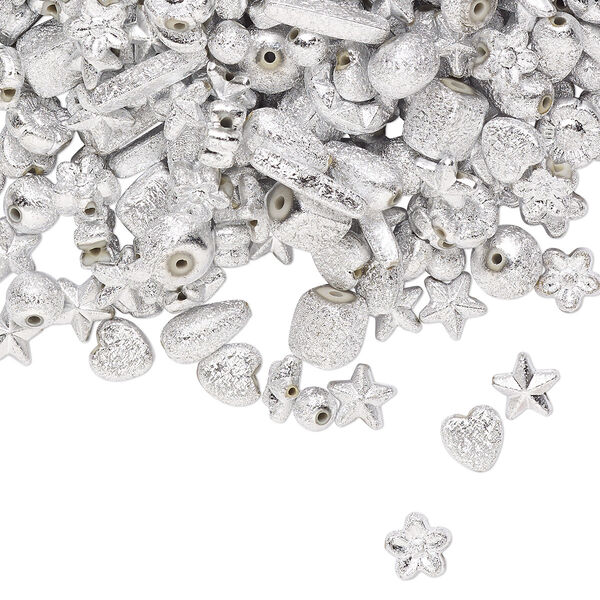 Bead mix, acrylic, silver, 6mm-14x5mm mixed stardust shape. Sold per 100-gram pkg, approximately 300-400 beads. image number 0
