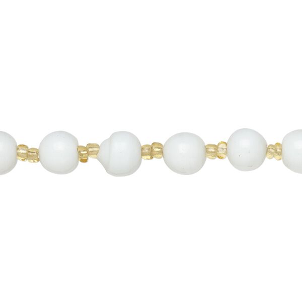Bead mix, glass, pkg/24 inch, 5-7mm center-drilled round, silver-lined opaque and transparent white and gold. image number 0