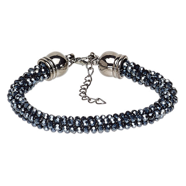 Bracelet, glass / gunmetal-coated plastic / gunmetal-plated steel / "pewter" (zinc-based alloy), metallic black, 7.5mm wide, 8-1/2 inches with 1-1/2 inch extender chain and lobster claw clasp. Sold individually. image number 0