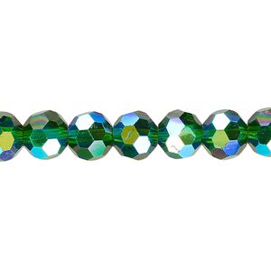 Bead 1pk 32 facets translucent emerald green AB, Celestial Crystal® 8mm round 15.5-16 inch