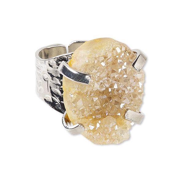 Ring, electroplated druzy agate (coated) and imitation rhodium-plated brass, champagne, hammered band with 24x18mm-27x21mm hand-cut freeform, adjustable. Sold individually. image number 0
