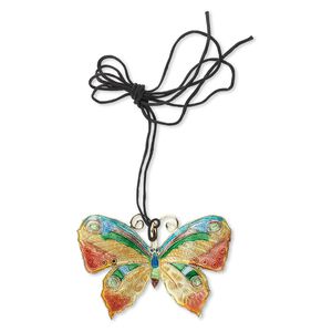Focal, cloisonné and copper, gold / green / blue, 55x40mm butterfly on black adjustable cord. Sold individually.