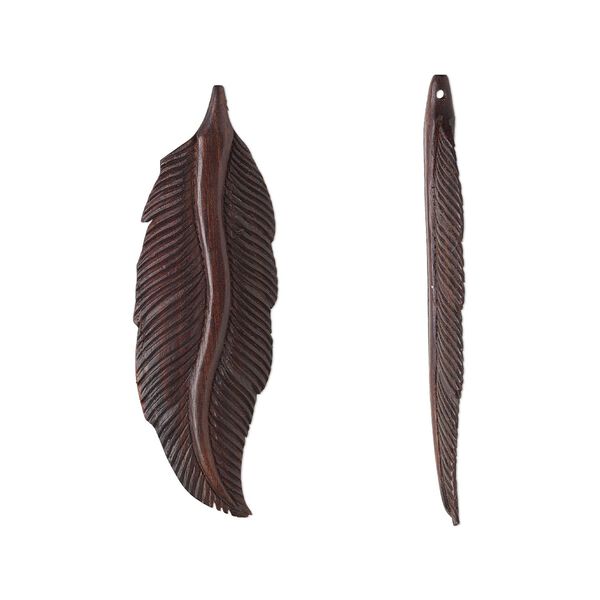 Focal, arang wood (natural), dark brown, 3-3/4 x 1-1/4 inch hand-carved side-drilled double-sided feather. Sold individually. image number 0