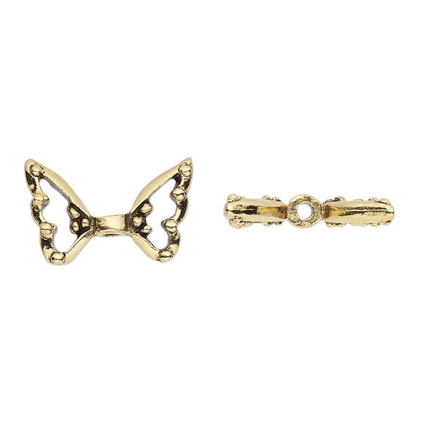 Bead, pewter (tin-based alloy), pkg/1, antique gold plate, 17.5x11mm open wing. image number 0