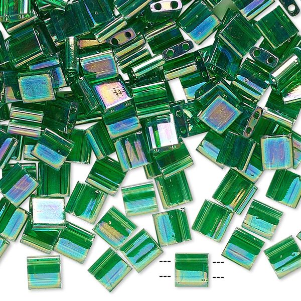 Seed bead, TILA®, glass, pkg/10g, 5mm full tila square, translucent rainbow pistachio, (TL-179). image number 0