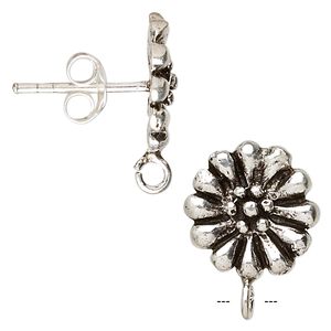 Earstud 1pkg2 sterling silver, 11mm flower / open loop, antiqued 1 pair