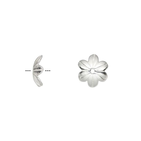 Bead cap, sterling silver, 10x2.5mm flower, fits 8-10mm bead. Sold per pkg of 4. image number 0