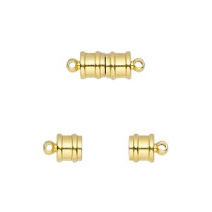 Clasp magnetic 1pkg1, 10.5x6mm ribbed barrel, gold-finished brass 1-strand