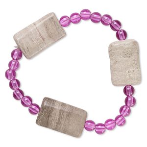 Bracelet, stretch, grey and cream marble (natural) and acrylic, purple, 5mm round and 23x15mm-24x16mm puffed rectangle, 6 inches. Sold individually.