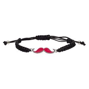 Bracelet, nylon / enamel / glass rhinestone / silver-finished "pewter" (zinc-based alloy), black / pink / clear, 9mm wide with 33x9mm mustache, adjustable from 6 to 8-1/2 inches with macramé knot closure. Sold individually.