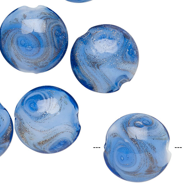 Bead, lampworked glass, blue and white with copper-colored glitter, 16mm puffed flat round with swirl design. Sold per pkg of 10. image number 0