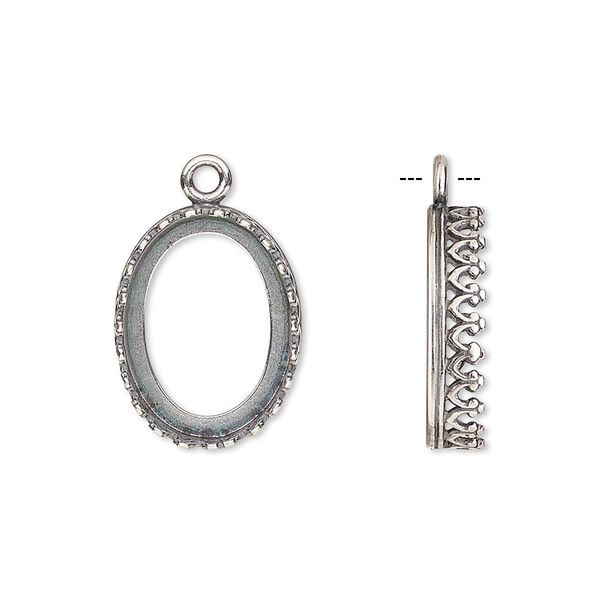 Drop, JBB Findings, antique silver-plated brass, 18x14mm oval with open back and decorative trim, 16x12mm oval bezel setting. Sold per pkg of 2. image number 0