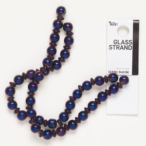 Bead, glass, pkg/14 inches, 6x3mm-6.5x3mm saucer and 8mm round, blue and metallic purple.