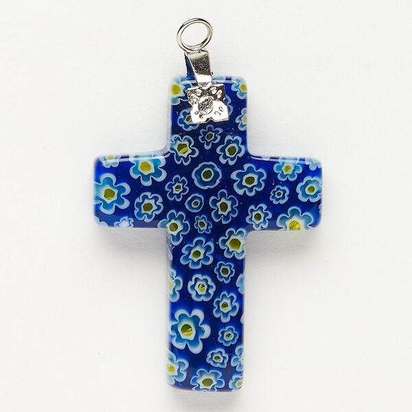Focal 1pkg1 silver-finished steel and millefiori glass, translucent and transparent cobalt blue / yellow / white, 33x23mm-35x24mm cross. image number 0
