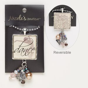 Necklace, glass / acrylic / antique silver-finished "pewter" (zinc-based alloy) / silver-finished steel, multicolored, 2-3/4 x 1-1/4 inches with two-sided square and "dance" / definition of dance, 24 inches with lobster claw clasp. Sold individually.