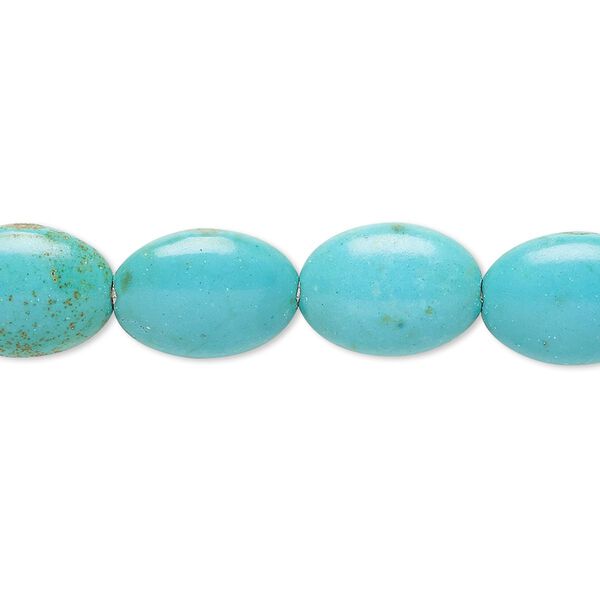 Bead, magnesite (dyed / stabilized), teal, 13x10mm-14x10mm puffed oval, B- grade, Mohs hardness 3-1/2 to 4. Sold per 15-inch strand. image number 0