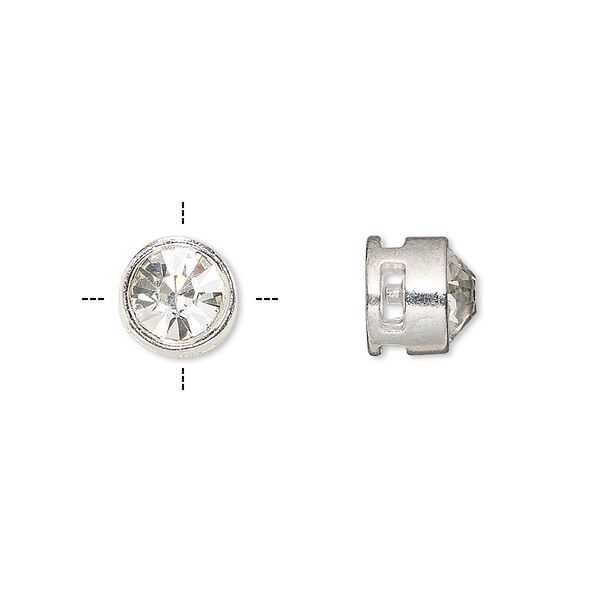 Spacer, glass rhinestone and silver-finished "pewter" (zinc-based alloy), clear, 9x8mm cross-drilled round with 7mm chaton. Sold per pkg of 6. image number 0