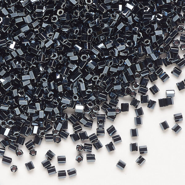 Seed bead, Miyuki, glass, pkg/7.5g, #11 2-cut hex, opaque metallic black, (HEX-611). image number 0