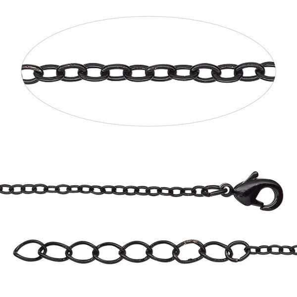 Chain, black-finished brass, 2mm cable, 18 inches with 1-1/4 inch extender chain and lobster claw clasp. Sold individually. image number 0