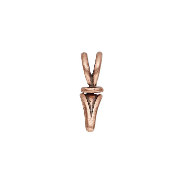 Bail, JBB Findings, ice-pick, antique copper-plated pewter (tin-based alloy), 19x5mm double-sided shield with lines and swivel, 6mm grip length. Sold individually. image number 0
