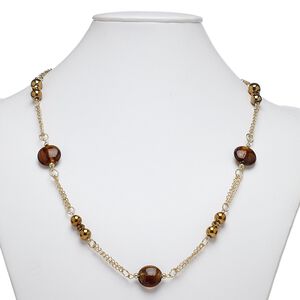 Necklace, glass / gold-coated plastic / gold-finished steel / "pewter" (zinc-based alloy), brown, puffed round, 36 inches with lobster claw clasp. Sold individually.