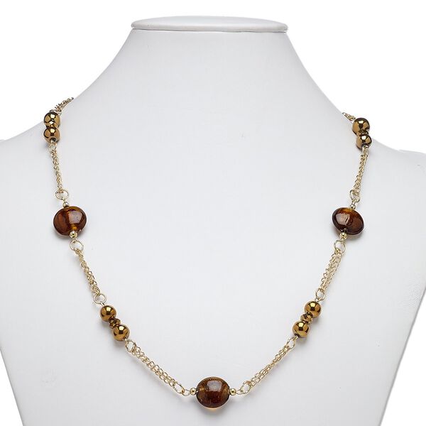 Necklace, glass / gold-coated plastic / gold-finished steel / "pewter" (zinc-based alloy), brown, puffed round, 36 inches with lobster claw clasp. Sold individually. image number 0