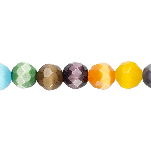 Bead mix, cat's eye glass (fiber optic glass), multicolored, 8mm faceted round. Sold per 15-1/2" to 16" strand. image number 0