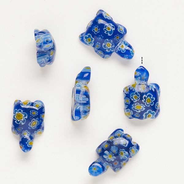 Bead, millefiori glass, translucent cobalt blue / orange / white, 21x12mm-24x15mm half-drilled turtle. Sold per pkg of 6. image number 0