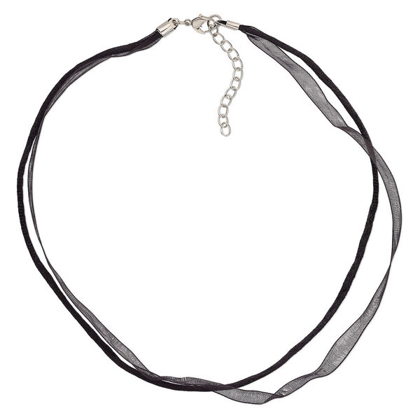 Necklace cord, nylon / organza / silver-plated steel / "pewter" (zinc-based alloy), black, 2mm round and 10mm wide, 16 inches with 2-inch extender chain and lobster claw clasp. Sold per pkg of 10. image number 0