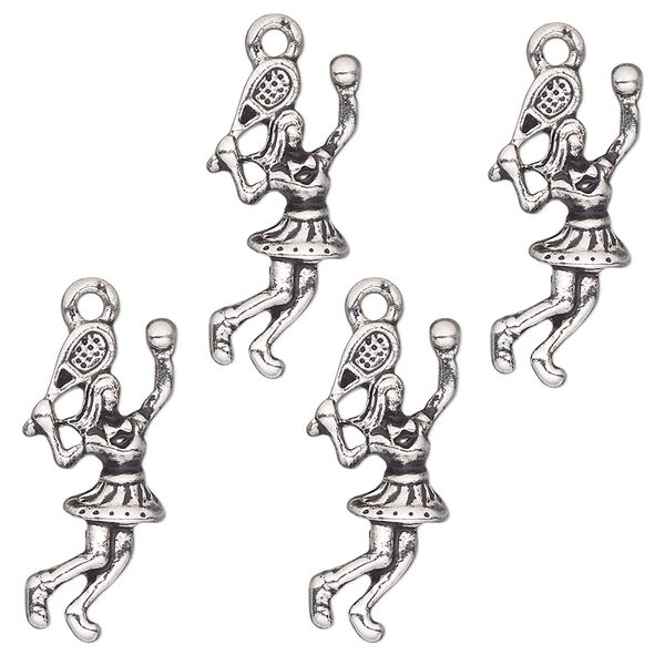 Charm, antique silver-finished "pewter" (zinc-based alloy), 21x10mm single-sided tennis player. Sold per pkg of 4. image number 0