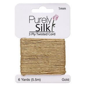 Cord, Purely Silk™, 3-ply, gold, 1mm twisted. Sold per 6-yard card.