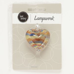 Focal, lampworked glass, multicolored, 40x35mm heart with line designs. Sold individually.