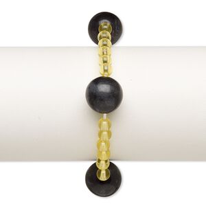 Bracelet, stretch, blackstone (dyed) and acrylic, yellow, 5mm and 15-16mm round, 6 inches. Sold individually.