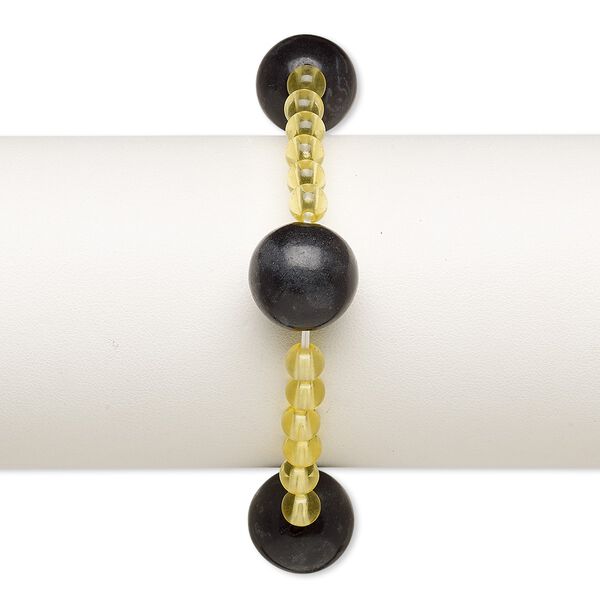 Bracelet, stretch, blackstone (dyed) and acrylic, yellow, 5mm and 15-16mm round, 6 inches. Sold individually. image number 0