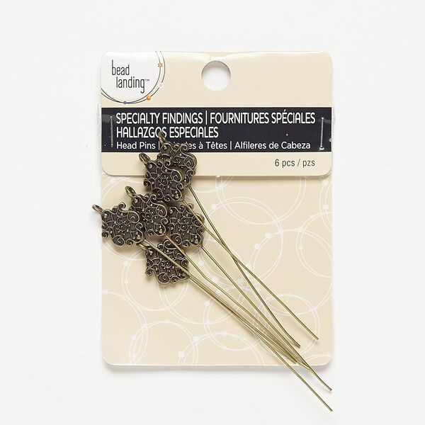 Head pin, antiqued brass-finished steel and "pewter" (zinc-based alloy), 3 inches with 15x13mm fancy head and loop, 21 gauge. Sold per pkg of 6. image number 0