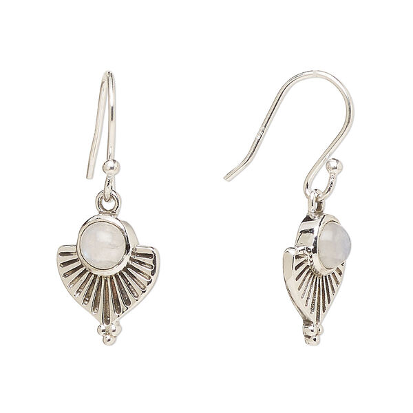 Ear wire, Create Compliments®, antiqued sterling silver and rainbow moonstone (natural), fishhook, 28mm with 14x11.5mm single-sided fan, 21 gauge. Sold per pair. image number 0