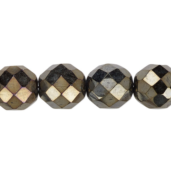 Bead, Czech fire-polished glass, pkg/15-1/2 to 16 inches, 12mm faceted round, opaque iris brown, (23980-21415). image number 0