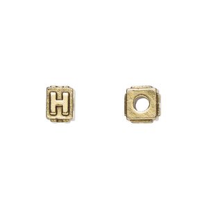 Bead, antique gold-plated pewter (tin-based alloy), 8x6mm rectangle with alphabet letter "H." Sold per pkg of 4.