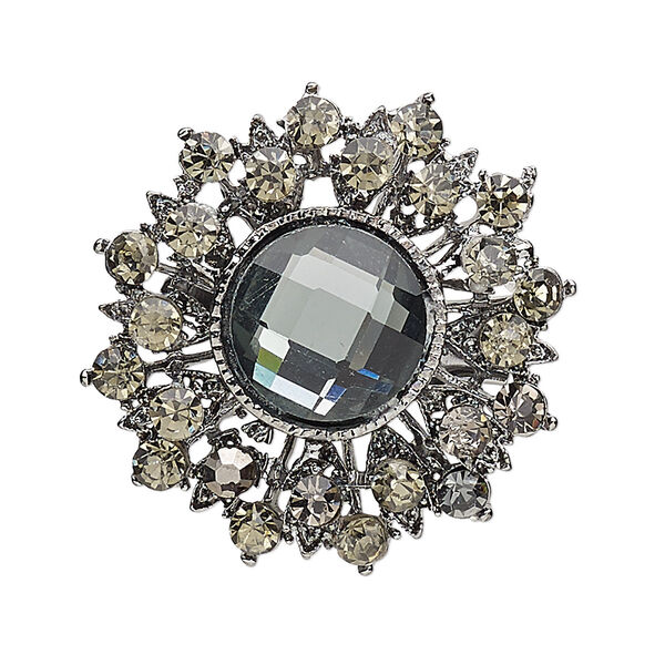 Brooch, glass rhinestone with antique silver-plated brass and "pewter" (zinc-based alloy), smoky brown and grey, 36mm fancy round. Sold individually. image number 0