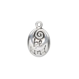 Drop, antique silver-plated "pewter" (zinc-based alloy), 17x13mm double-sided oval with "be kind." Sold per pkg of 10.