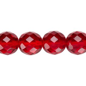 Bead, Czech fire-polished glass, pkg/15-1/2 to 16 inches, 12mm faceted round, transparent ruby red, (90090).