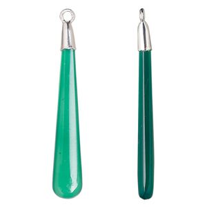 Focal, sterling silver and green onyx (dyed), 41x7mm hand-cut double-sided long teardrop, Mohs hardness 6-1/2 to 7. Sold individually.