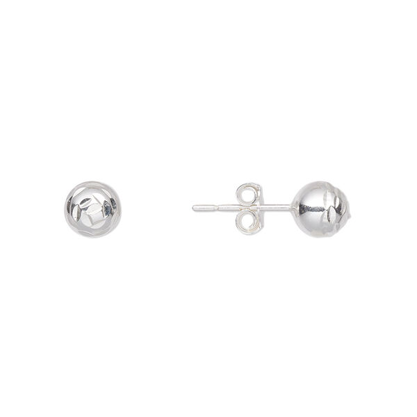 Earstud, sterling silver, 6mm diamond-cut ball with post. Sold per pair. image number 0