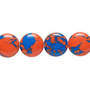 Bead, resin, dark blue and orange, 12mm flat round. Sold per 15" to 16" strand.