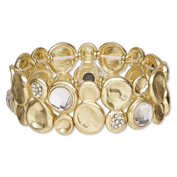 Bracelet, stretch, glass rhinestone and gold-finished "pewter" (zinc-based alloy), clear, 25mm wide, 6-1/2 inches. Sold individually. image number 0