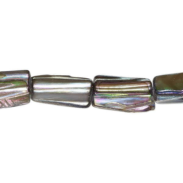 Bead, mother-of-pearl shell (dyed), peacock, 15x9mm-15x10mm triangular tube with 0.4-0.6mm hole, Mohs hardness 3-1/2. Sold per 15-inch strand. image number 0