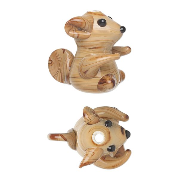 Bead, lampworked glass, brown / dark brown / black, 17x14mm-20x14mm squirrel. Sold per pkg of 6. image number 0