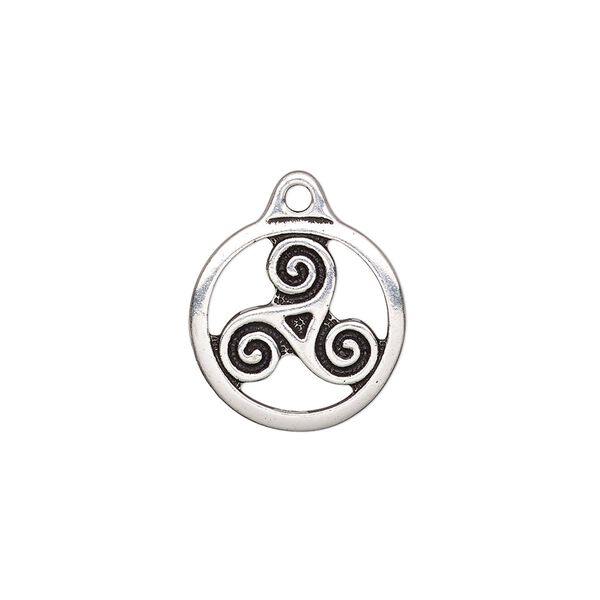 Charm, TierraCast®, antique silver-plated "pewter" (tin-based alloy), 16mm double-sided round with triskele. Sold per pkg of 20. image number 0