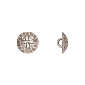 Button, Hill Tribes, antiqued sterling silver, 11mm round with cross design and loop. Sold individually.