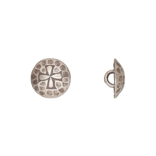Button, Hill Tribes, antiqued sterling silver, 11mm round with cross design and loop. Sold individually. image number 0